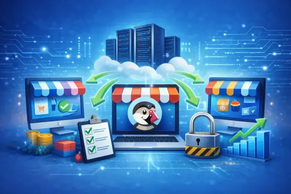 Sécurisation des transactions e-commerce avec un système de login php, représenté par des boutiques en ligne, un cadenas et des serveurs.