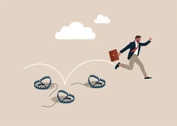 Un homme d'affaires court, évitant des pièges. Un formateur web pourrait utiliser cette image pour illustrer les dangers du parcours entrepreneurial.