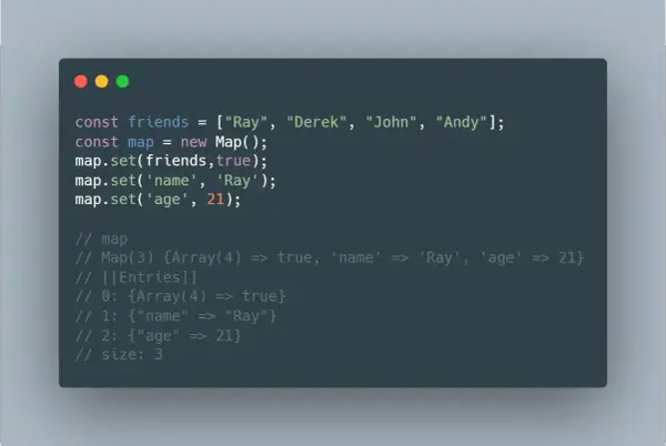 Exemple de code JavaScript montrant l'utilisation d'un `hashmap` (Map) pour stocker des données, associant un tableau à `true`, un nom à 'Ray' et un âge à 21.