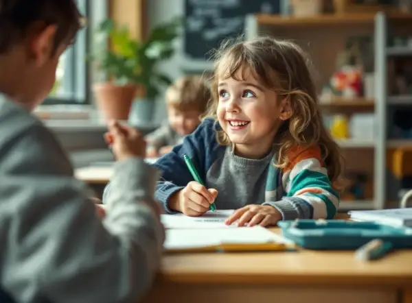 Une petite fille souriante fait son exercice c. Elle écrit avec un stylo vert, concentrée sur sa tâche.