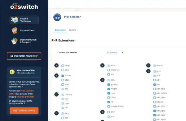 Interface de gestion o2switch pour sélectionner les extensions PHP. Permet de gérer les options pour récupérer l'URL.