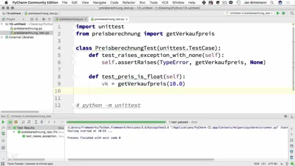 Exemple de test unitaire en Python dans PyCharm. Le code vérifie le bon fonctionnement de la fonction `getVerkaufpreis`.