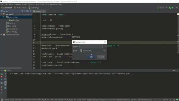 Création d'un nouveau fichier Python dans PyCharm, une étape avant d'ajouter un bouton tkinter.