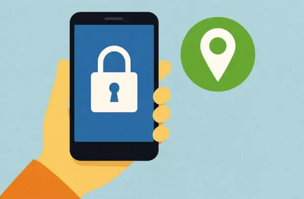 Main tenant de son smartphone, une main jaune tient l'appareil affichant un cadenas blanc sur fond bleu. À droite, un marqueur de localisation vert symbolise la protection des données.
