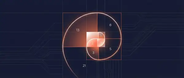 Spirale dorée illustrant la série de Fibonacci, avec des carrés de tailles 1, 1, 2, 3, 5, 8, 13, 21.
