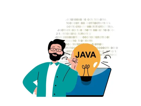 Un développeur avec une ampoule "JAVA" sur un écran d'ordinateur, entouré de code binaire.