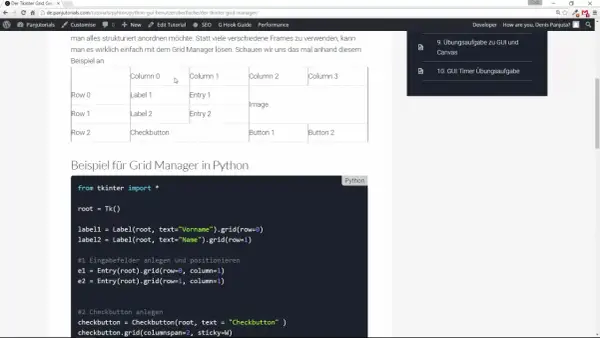 Exemple de **grid python** avec Tkinter : un tableau montre des labels, entrées et boutons. Le code Python illustre leur placement.