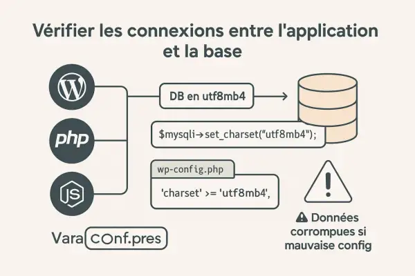 Diagramme montrant comment vérifier la connexion DB en utf8mb4 avec PHP. Il illustre l'utilisation de `$mysqli->set_charset("utf8mb4")` et la configuration dans `wp-config.php`.