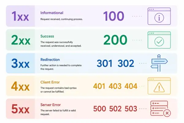Tableau des codes de statut HTTP : 1xx informatif, 2xx succès, 3xx redirection, 4xx erreur client, 5xx erreur serveur.
