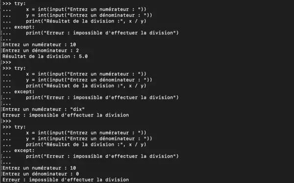 Exemple de code Python pour gérer les erreurs de division. Le programme tente de diviser deux nombres, mais échoue si l'entrée n'est pas un nombre ou si le dénominateur est zéro.