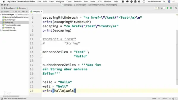 Code Python montrant la **concatenation** de chaînes de caractères pour afficher "HalloWelt".