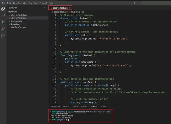 Code Java montrant une classe abstraite Animal et une classe concrète Dog qui extends Animal. Le terminal affiche la compilation et l'exécution.