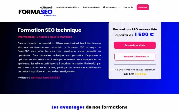 Formation SEO technique FormaSEO : apprenez à optimiser votre site web. Offre accessible dès 1500€.